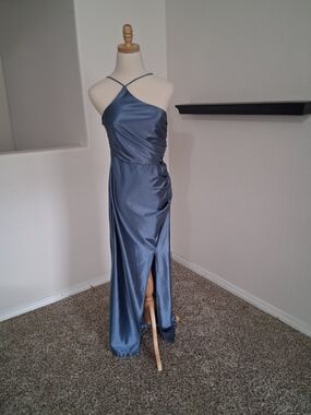 Sleek Steel Blue Satin Prom Gown with Cross-Strap Halter